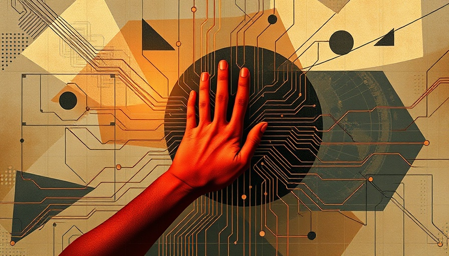 Abstract digital illustration of innovators in computing interacting with technology.