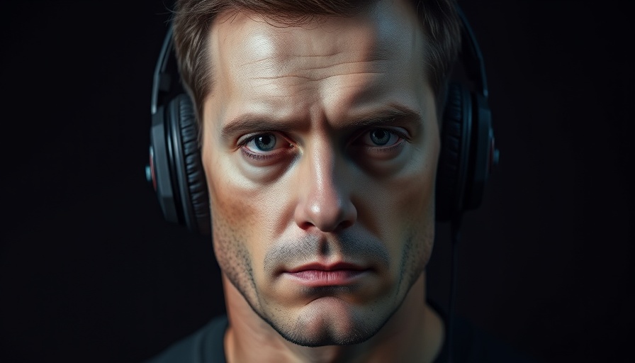 Serious man wearing headphones with pensive expression in dark setting. Reset Restart Refocus