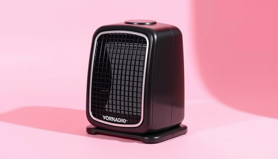 Sleek black and silver Vornado space heater on pastel pink background.
