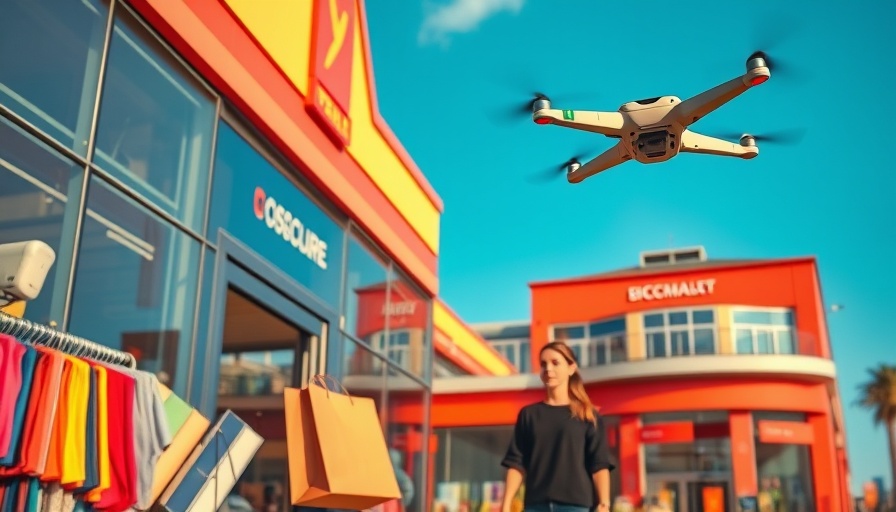 Drone overseeing retail security as a shopper walks by.