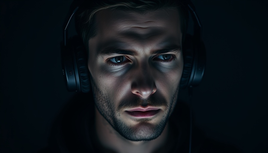 Introspective man with headphones, dark background, let go of the old you.
