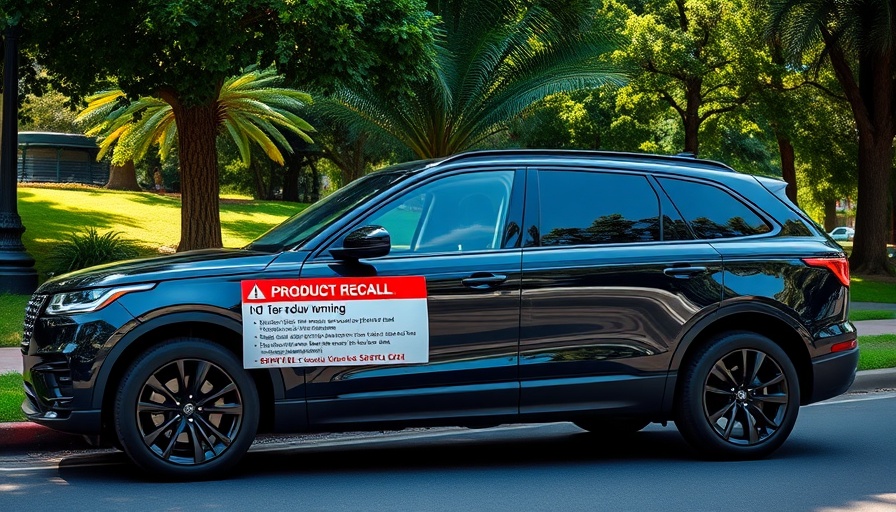 Ford SUV recall engine fires warning displayed on a black SUV in park setting.