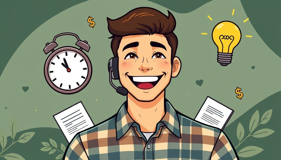 Cheerful young man with icons representing productivity, psychological reason brands use association to sell.