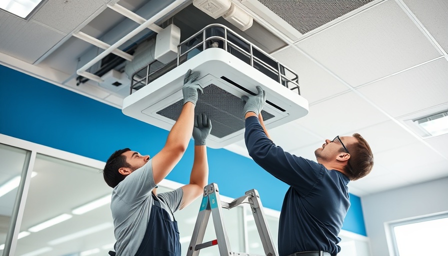 Technicians installing ceiling HVAC in modern office interior.