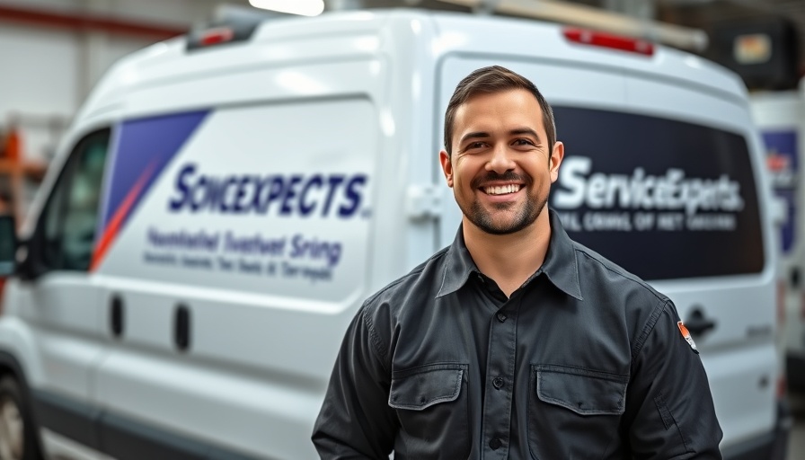 Friendly HVAC technician smiling next to Service Experts van