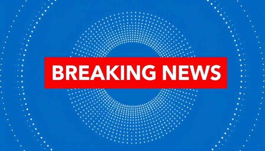 Breaking news graphic in bold blue and white design.