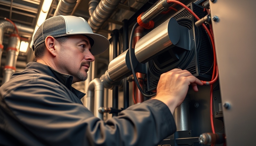 Technician using smarter wireless HVAC solutions, inspecting modern system.