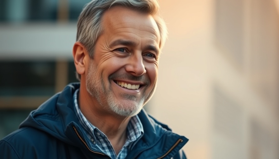 Smiling man outdoors in blue jacket, warm background, Tony Robbins coaching techniques.