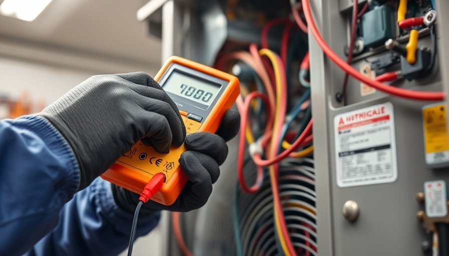 Technician using multimeter for HVAC troubleshooting tips, indoor setting.