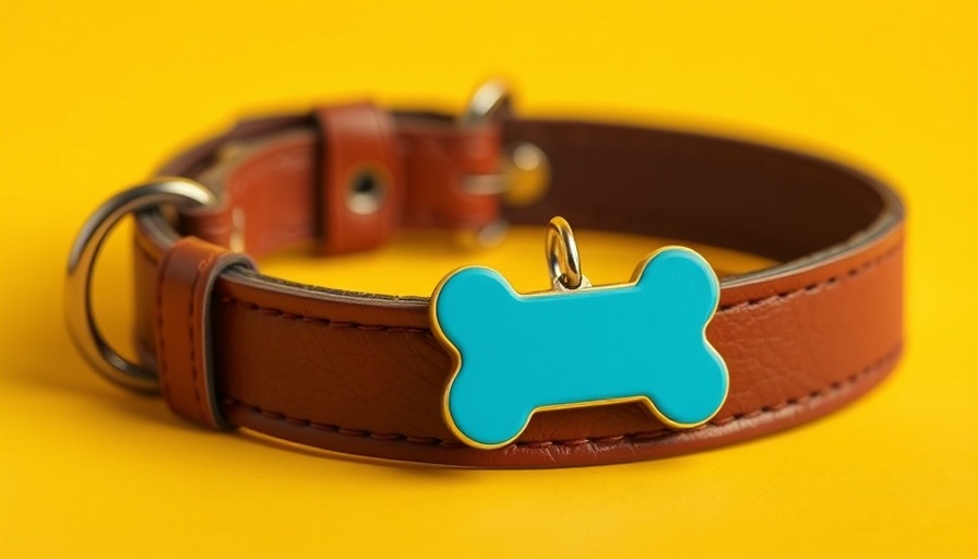 Dog collar with blue tag on yellow background for dog loyalty