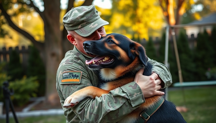 Military officer hugging service dog in backyard, animal communication.