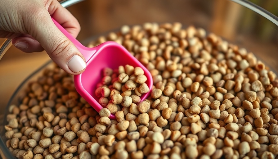 Close-up of hand scooping dog food from container, safe pet feeding.