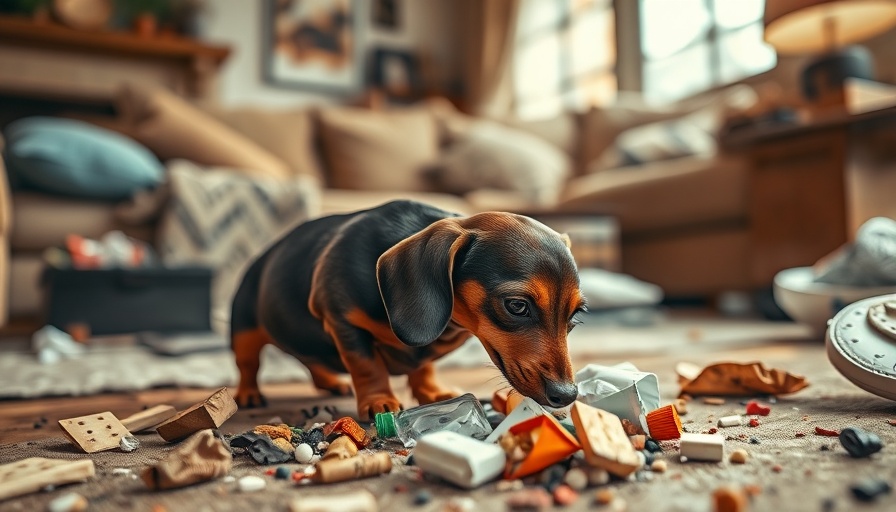 Dachshund exploring mess; need for dog-proof trash cans.