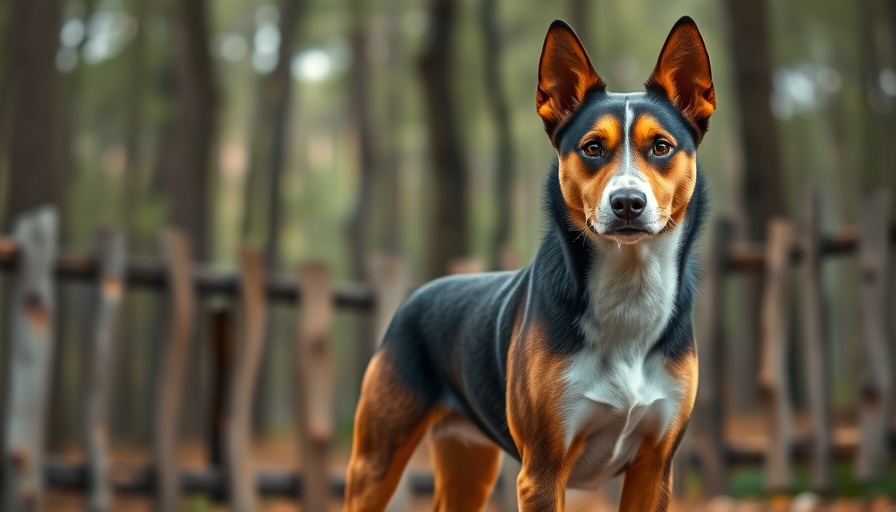 Dog standing in the forest, looking alert.