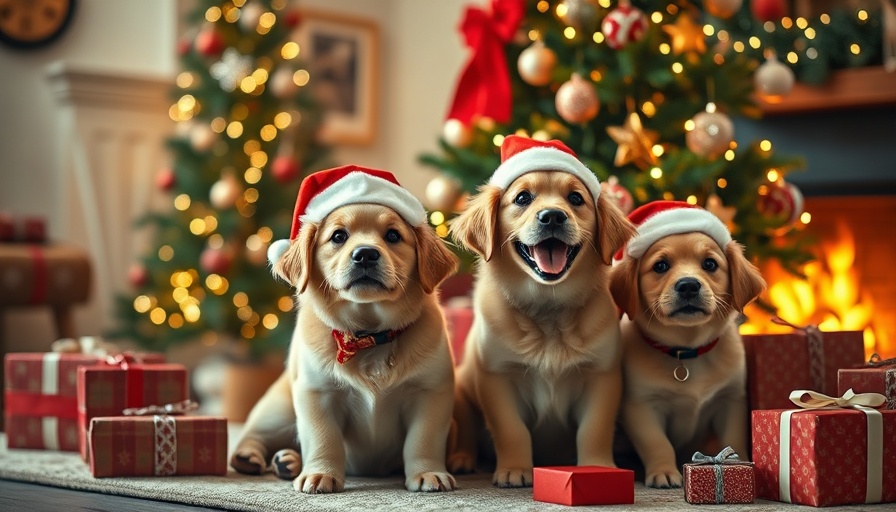 Two Christmas dogs in Santa hats by decorated tree.