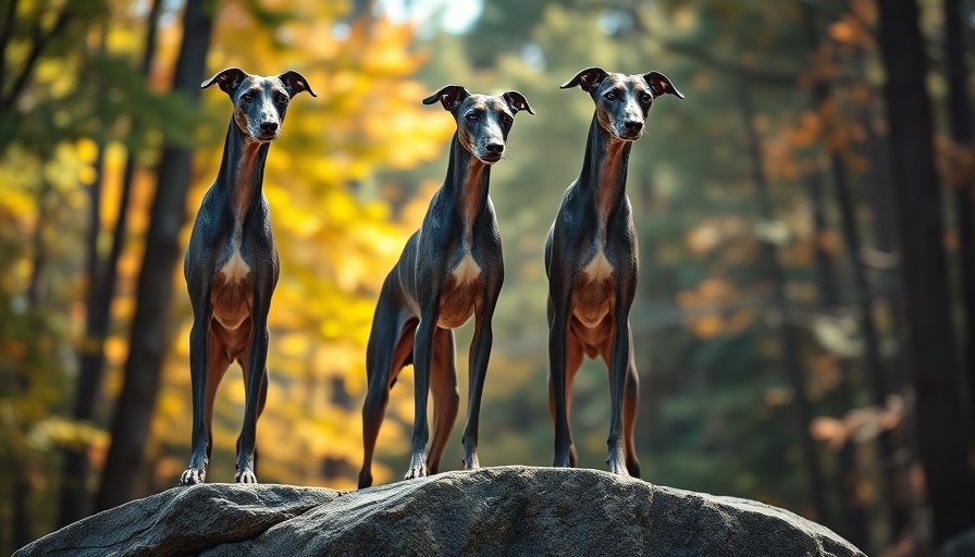 Elegant greyhounds standing in nature, therapy dog setting.