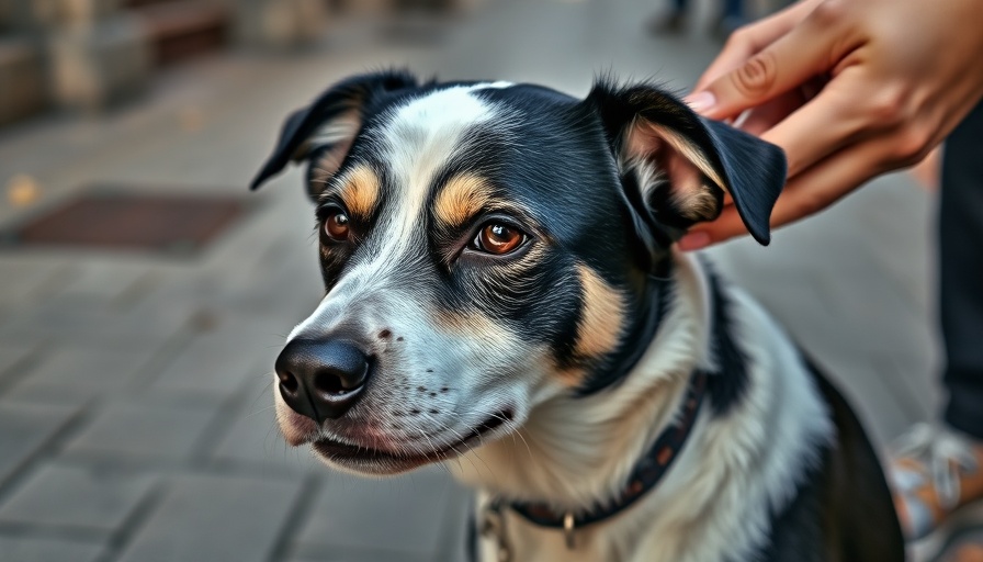 Gentle therapy dog being petted on a city street.