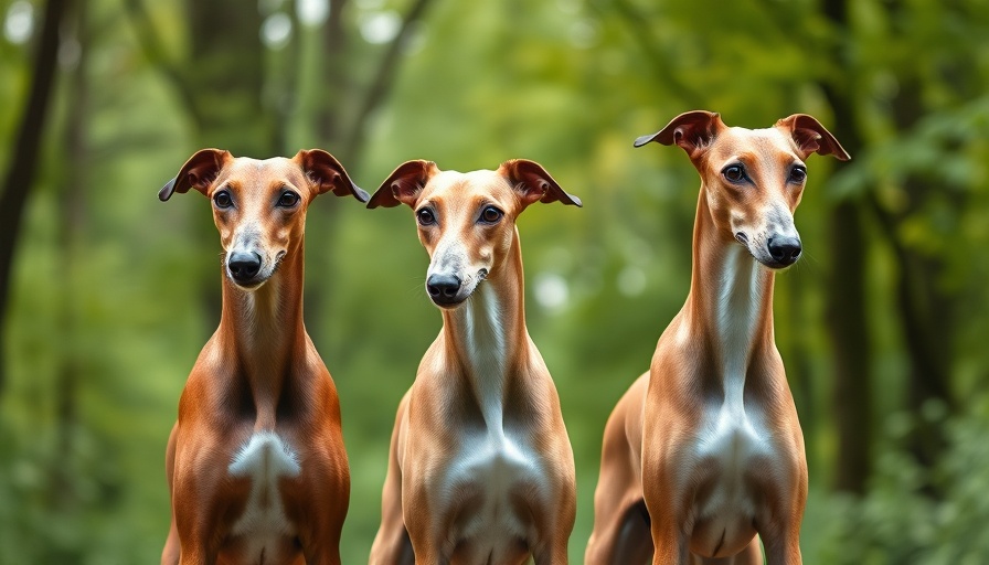 Three vigilant Greyhound dogs in lush green forest, Dog Rescue