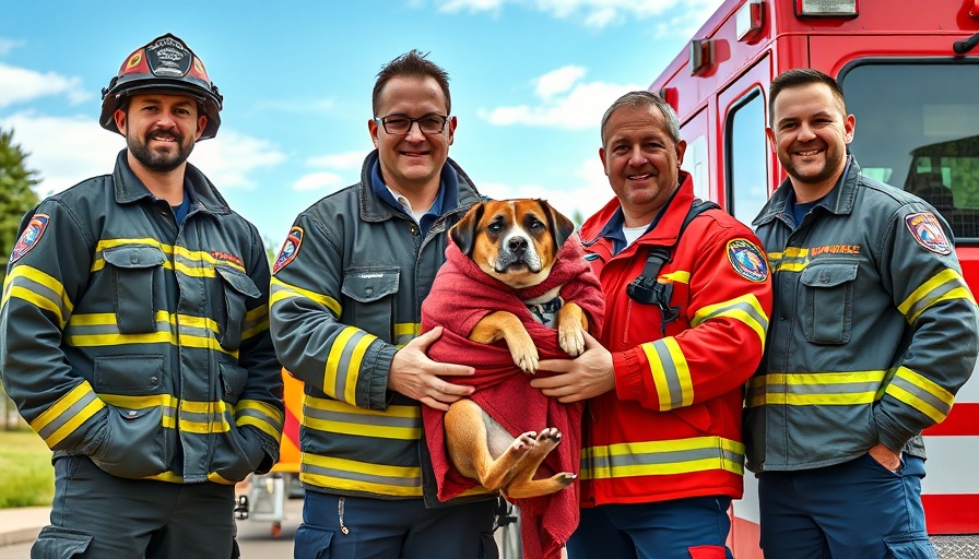 Firefighters and paramedic rescued a dog, stand with relief.