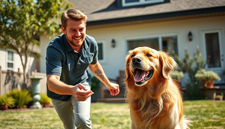 Man and golden retriever playing fetch outside home for Eco-Friendly Doggy Routine