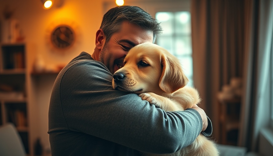 Lost dog reunion with man hugging golden retriever puppy in cozy setting.