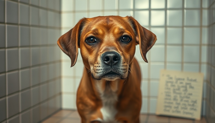 Sad brown dog in kennel next to adoption note, Dog Adoption Story