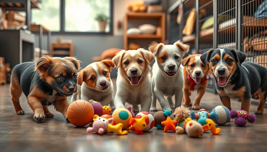 Shelter dogs playing with colorful plush toys indoors.