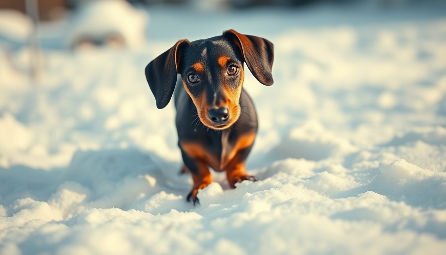 Curious dachshund in snowy winter adventure, nose dusted with snowflakes.