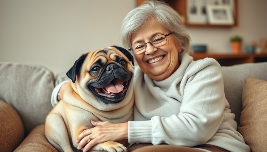 Senior woman's embrace with pug illustrates dog longevity.