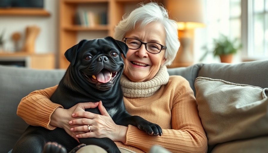 Elderly woman hugging happy black pug indoors, dog longevity drugs