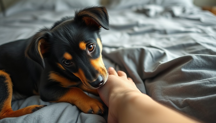 Dog licking behavior: black and tan dog gently licking a foot on bed.