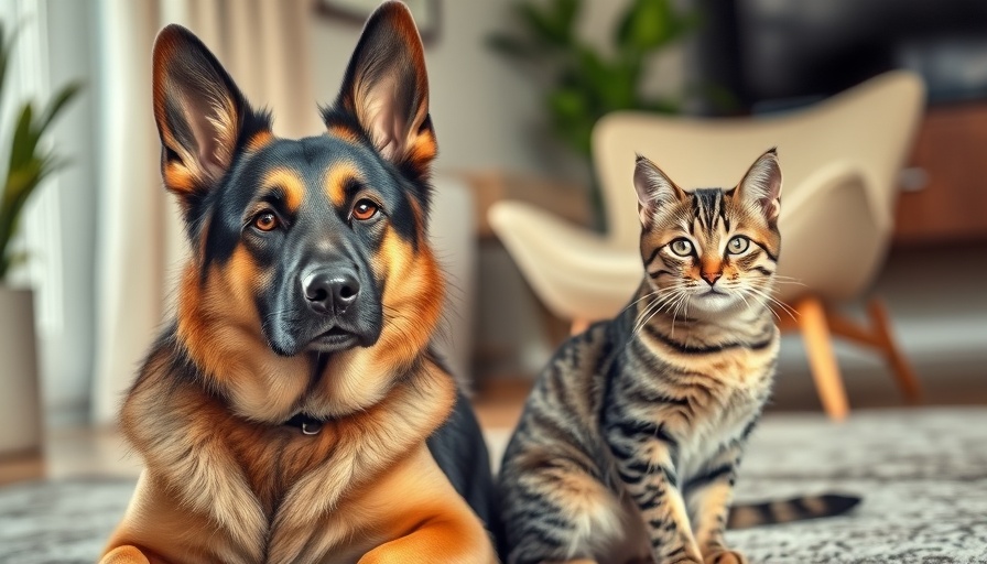 German Shepherd and tabby cat in living room, pet drug exposure context.