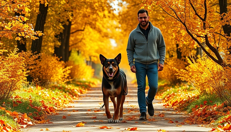 Man walking a dog on a bright autumn day in a park.