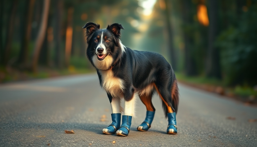 Border Collie wearing dog boots on a sunny road.