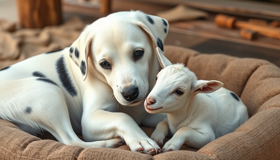 Deaf dog interacts with baby goat indoors and outdoors.