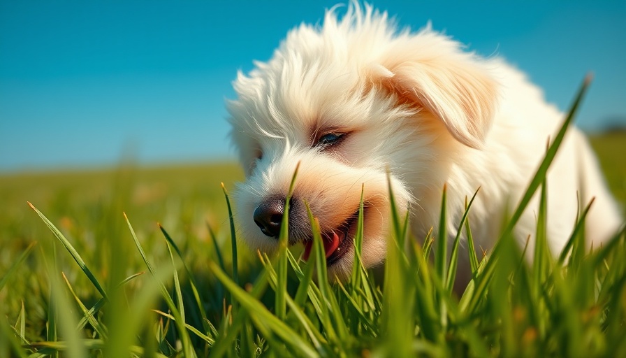 Dog eating grass under a clear blue sky