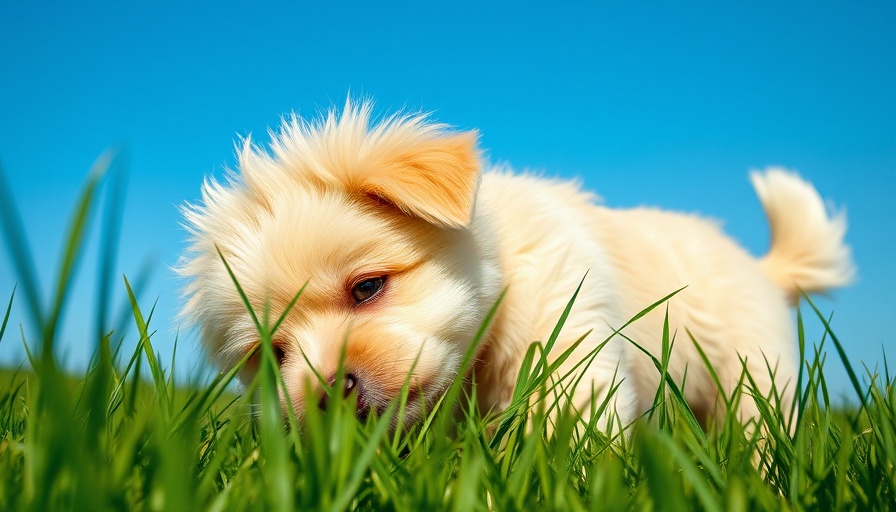 Fluffy light-colored dog eating grass in a field.