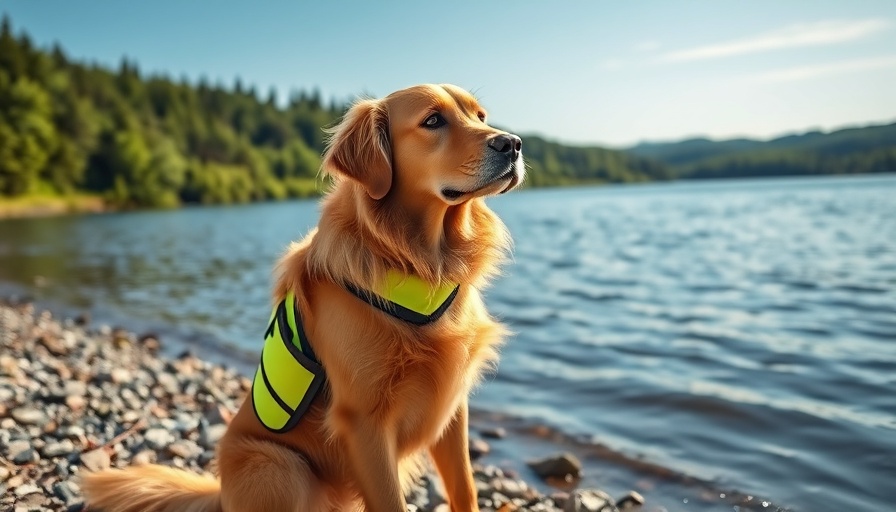 Hero dog Pshon sitting by the river in a neon vest, clear sky.