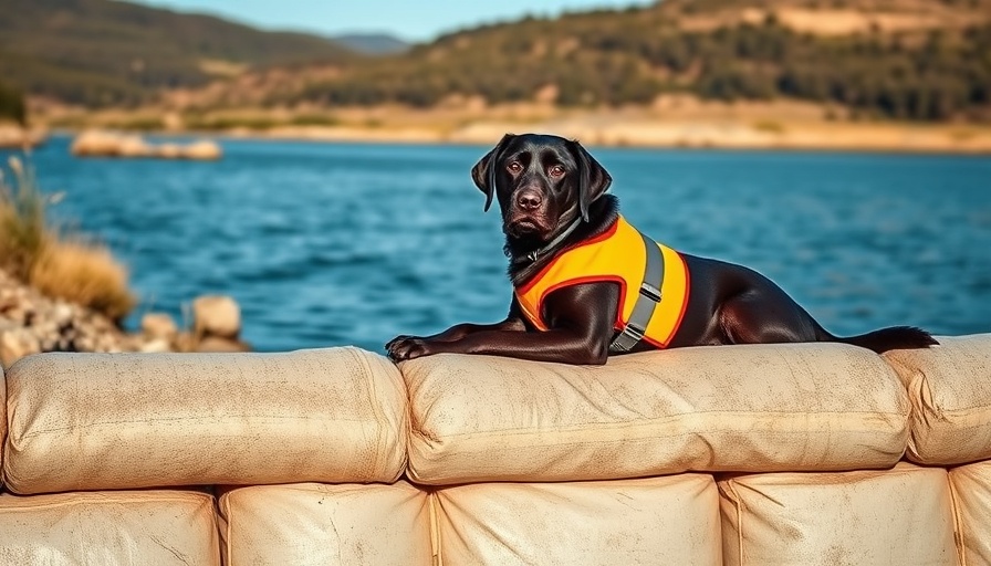 Hero dog Labrador in safety vest by river barrier