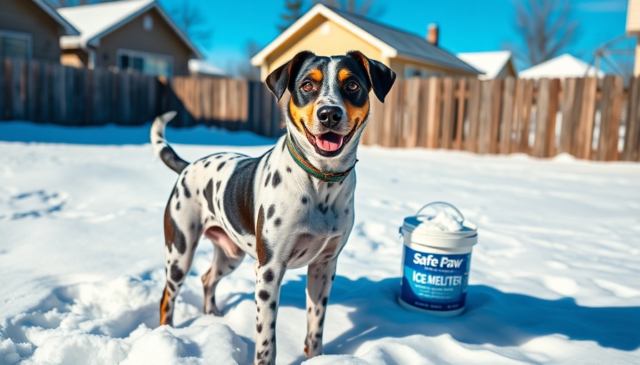 Safe Paw Ice Melter container next to a spotted dog in snowy yard.