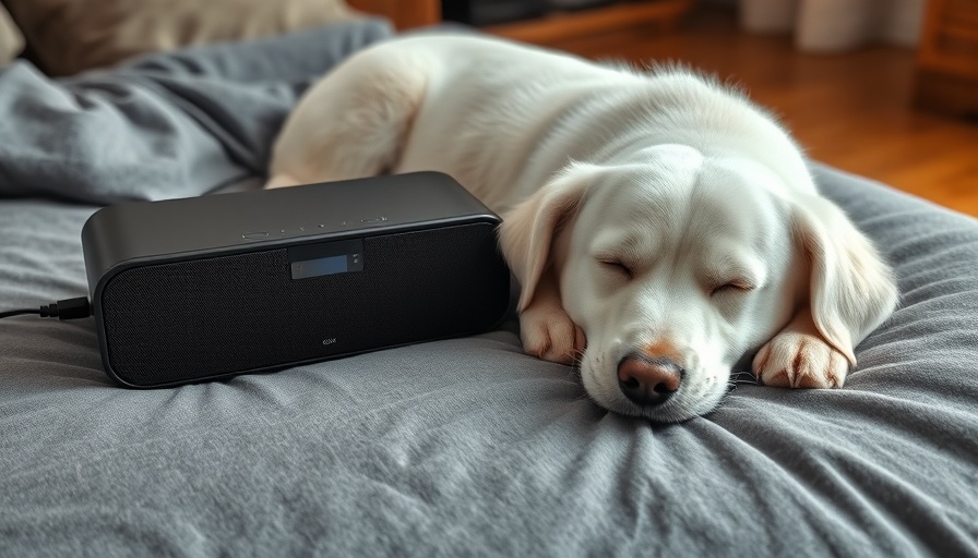 Pet Sound Therapy device with a relaxed white dog resting nearby.