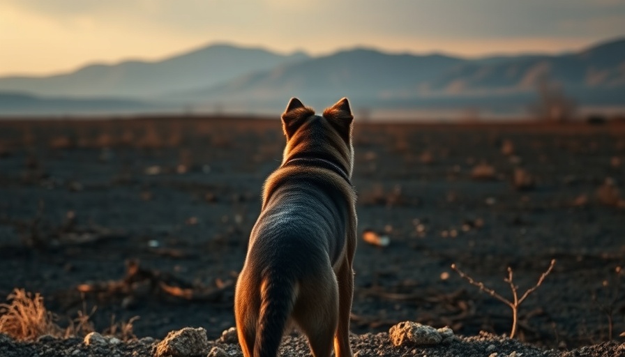 Dog gazing over wildfire-scorched landscape, veterinary care context.