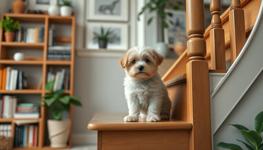 Fluffy dog on stairs for dog fear training in a cozy home setting.