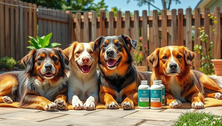 Three dogs with dog grooming products in a sunny backyard.