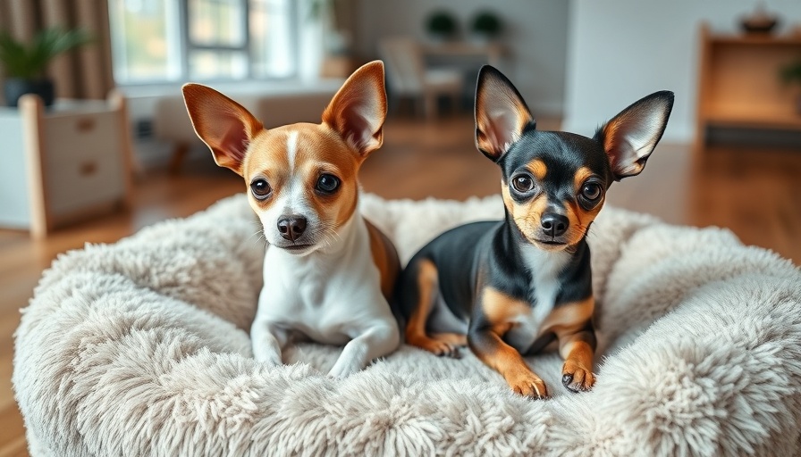 Chihuahuas sitting on a cozy pet couch in a modern room.