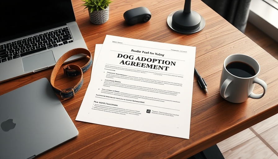 Dog adoption agreement papers on desk with collar and coffee cup.