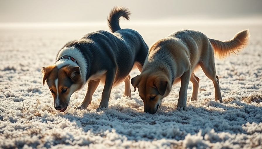 Three dogs in a frosty field on a misty morning, exploring surroundings.