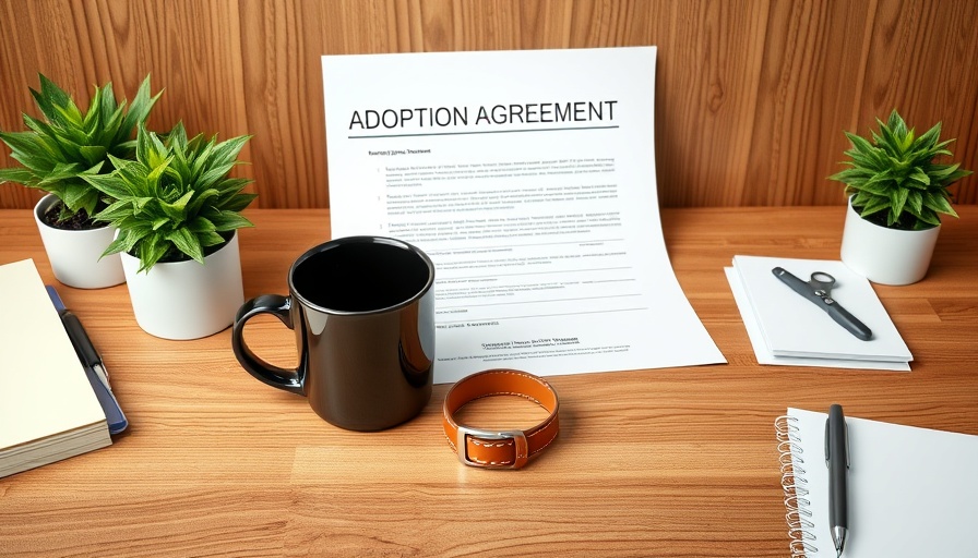 Adoption agreement on a desk with a dog collar and coffee mug.