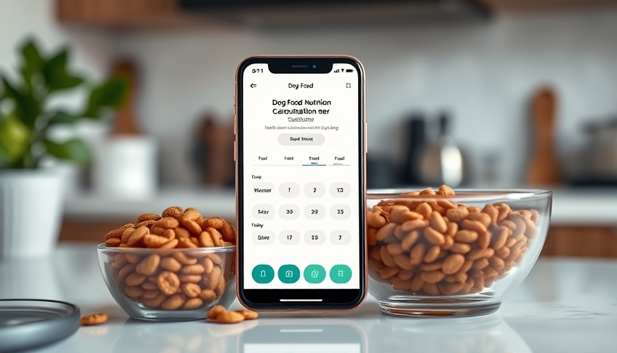 Dog food nutrition calculator app on phone with bowl of kibble