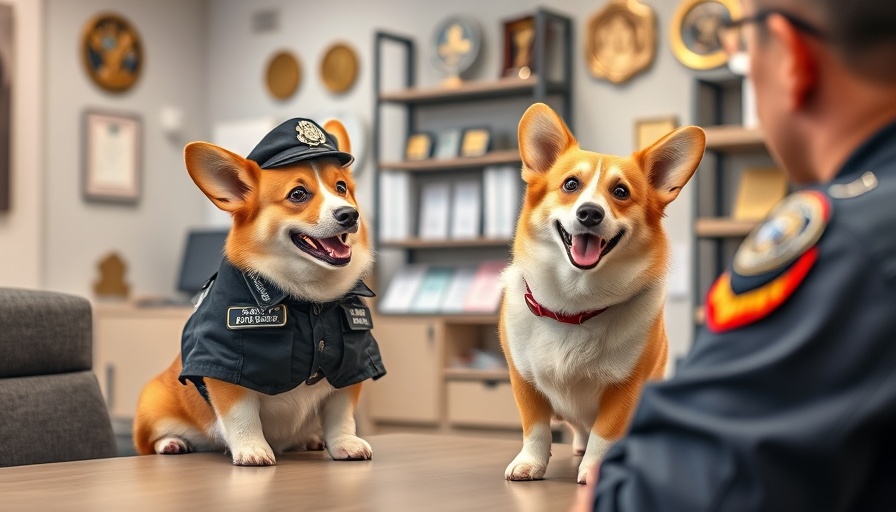 Corgi Police Dog training interaction in an office setting.